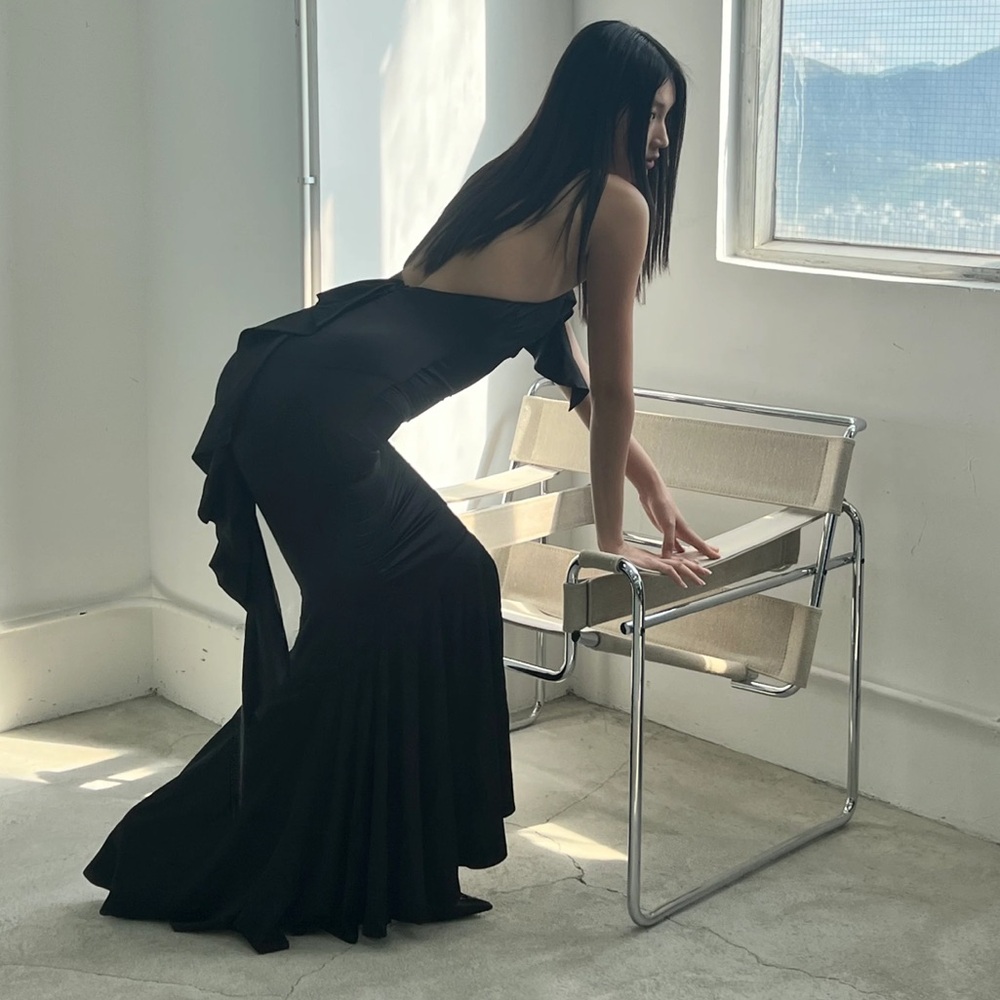 PRIX Jasmine Black Ruffle Formal Gown Dress